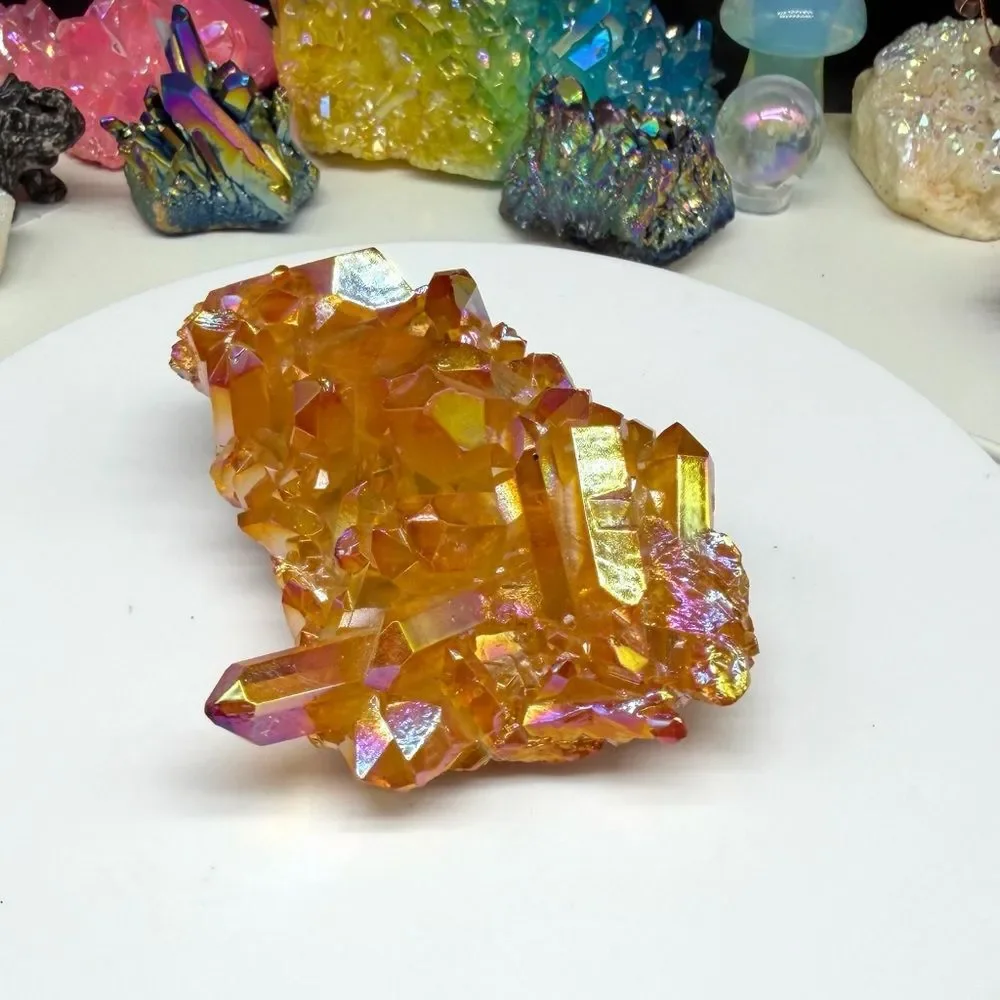 Amber Aura Quartz Crystal Cluster Orange Clear AB Aurora Iridescent Stone